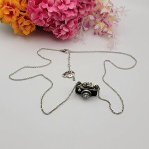 FOSSIL Photograph Camera Pendant Necklace Silver Tone Lock Key Charm 30" Adj.